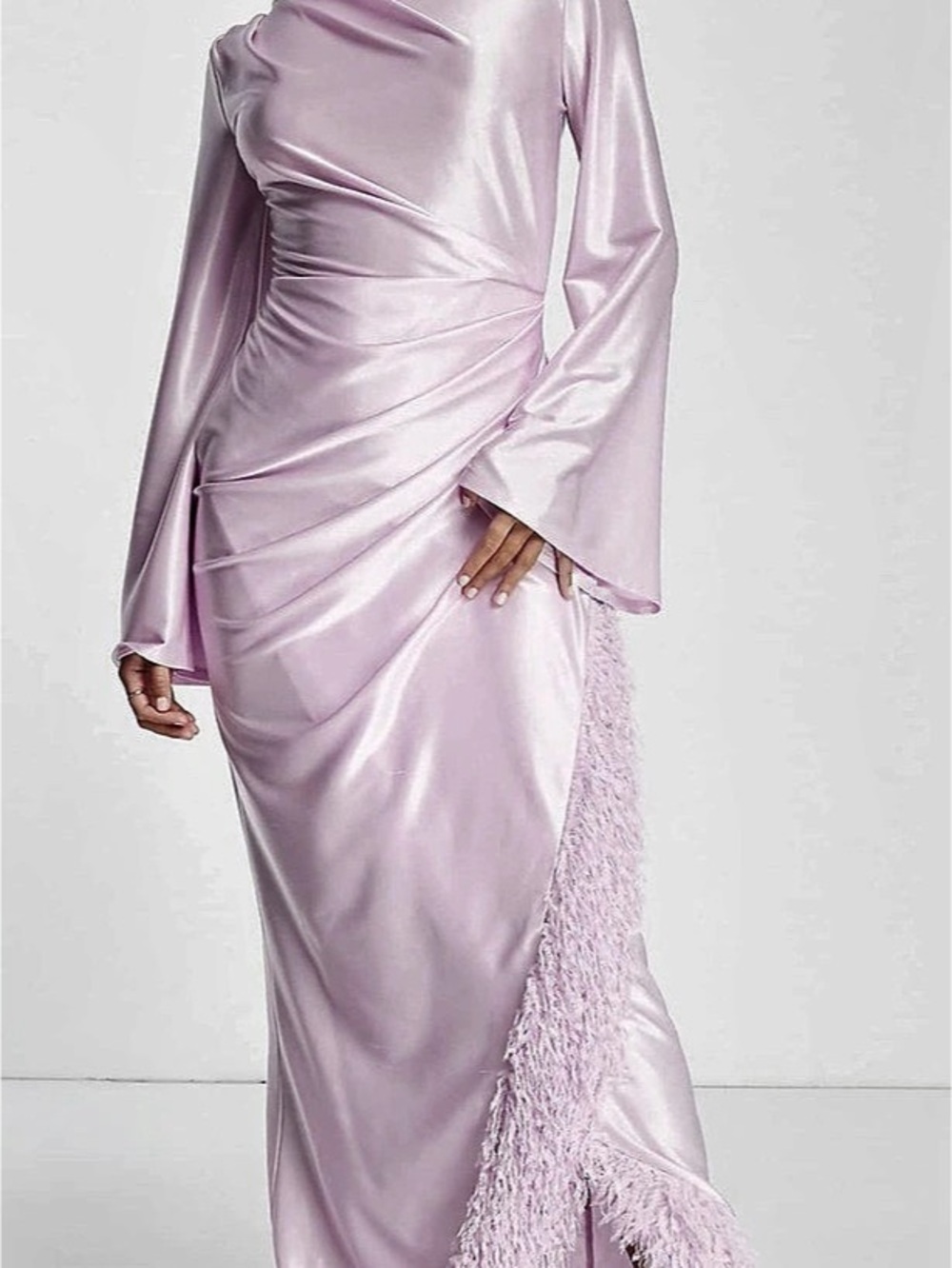 Faux feather trim wrap maxi dress